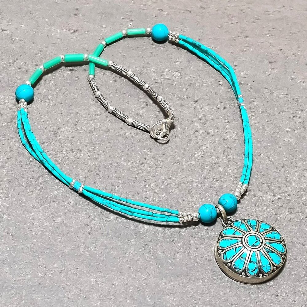 Tibetan Turquoise Sterling Silver Handmade Beaded Necklace